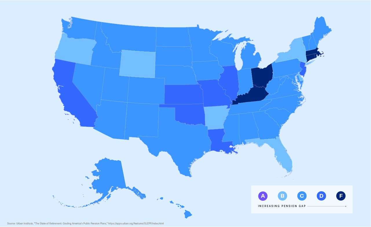 map of the United States highlighting each state based on increasing pension gap its 