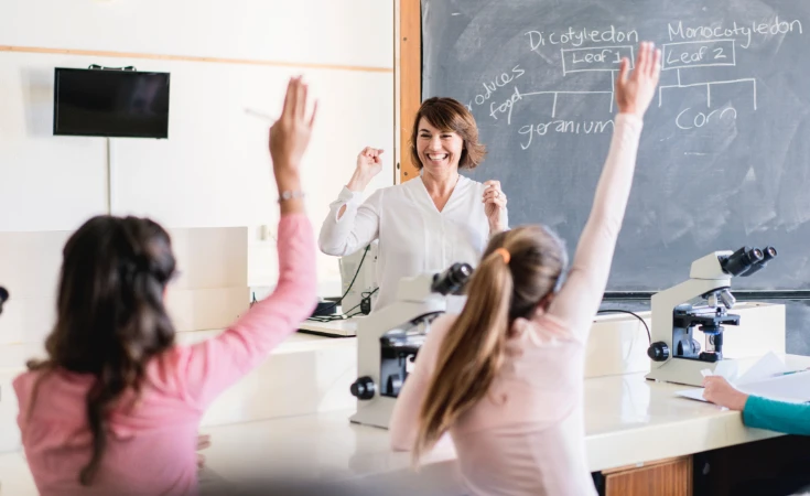 teacher cheering while looking at students with hands raised