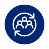 blue icon of three people with arrows circling around them